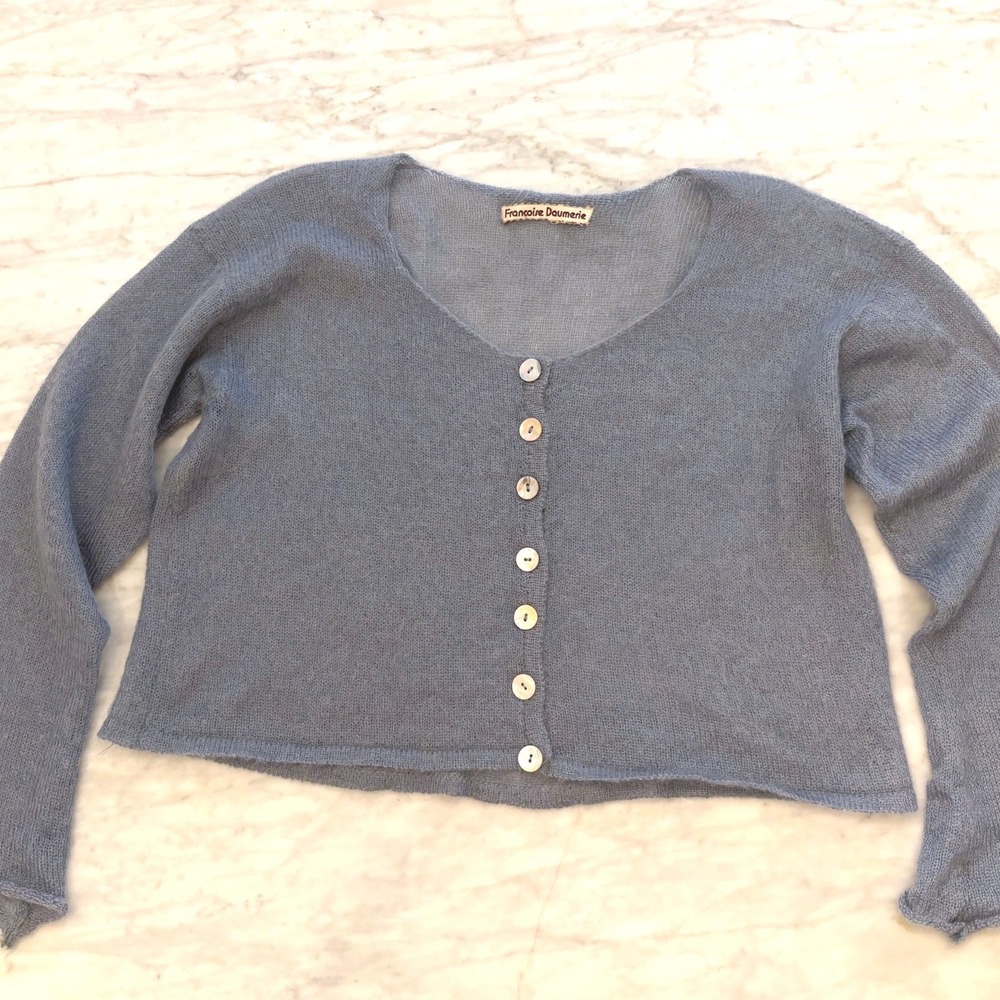 Vintage Francoise Daumerie Mohair Blend Cardigan L Cropped Blue Gray Button Up